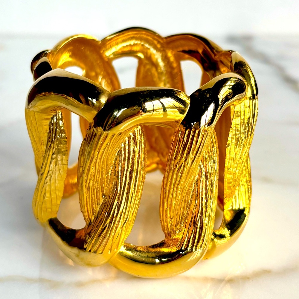 FRENCH VINTAGE DESIGNER GOLD TONE EXTRA WIDE BRACELET CUFF 1980s SPECTACULAR